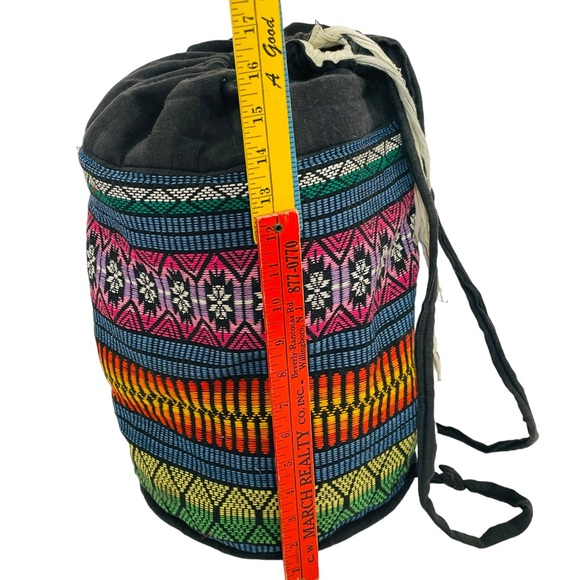 Large Embroidered Striped Pattern Drawstring Boho Bucket Weekender Travel Bag - Picture 2 of 8